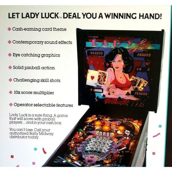 Lady Luck Pinball Flyer 1986 Original Game Art Print Promo Card Theme Vintage - Picture 1 of 4